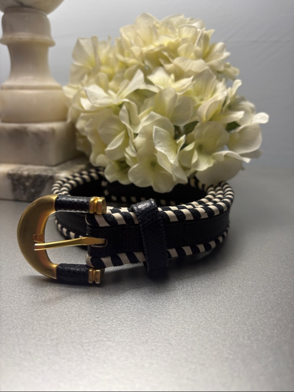 Vintage Carlisle Navy & Cream Woven Leather Belt with Gold Buckle